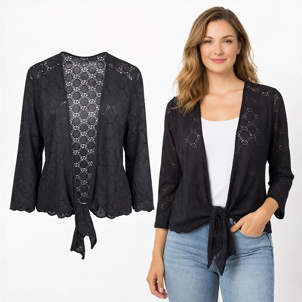 Belle France | Black Eyelet Lace Cardigan | Open Front | Lightweight | Size L
